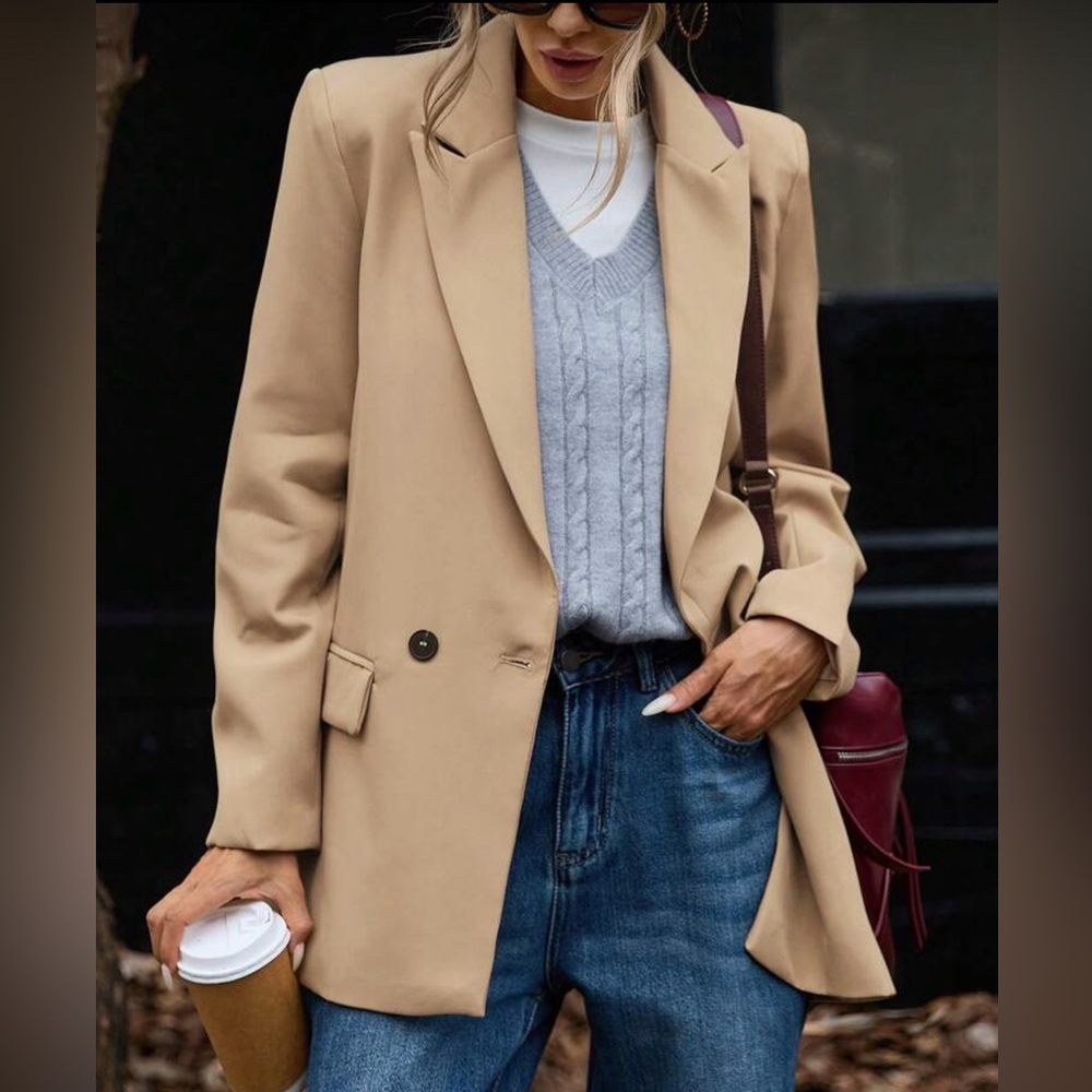 Modichic Beige Double Breasted Blazer Oversized Chic Fall Coat - Picture 4 of 6